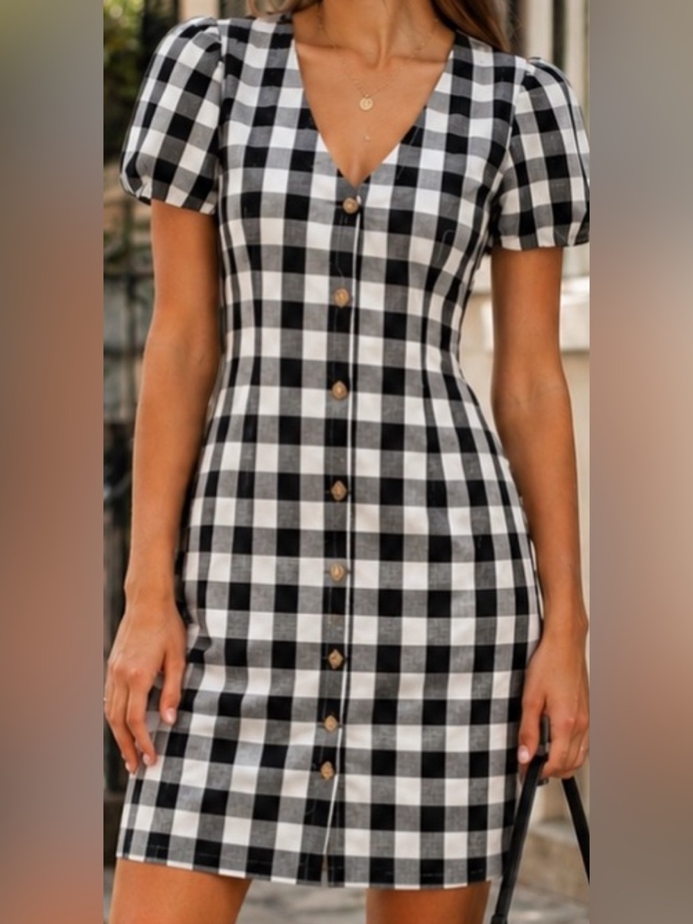 LOFT Black and White Gingham Button-Front Midi Dress